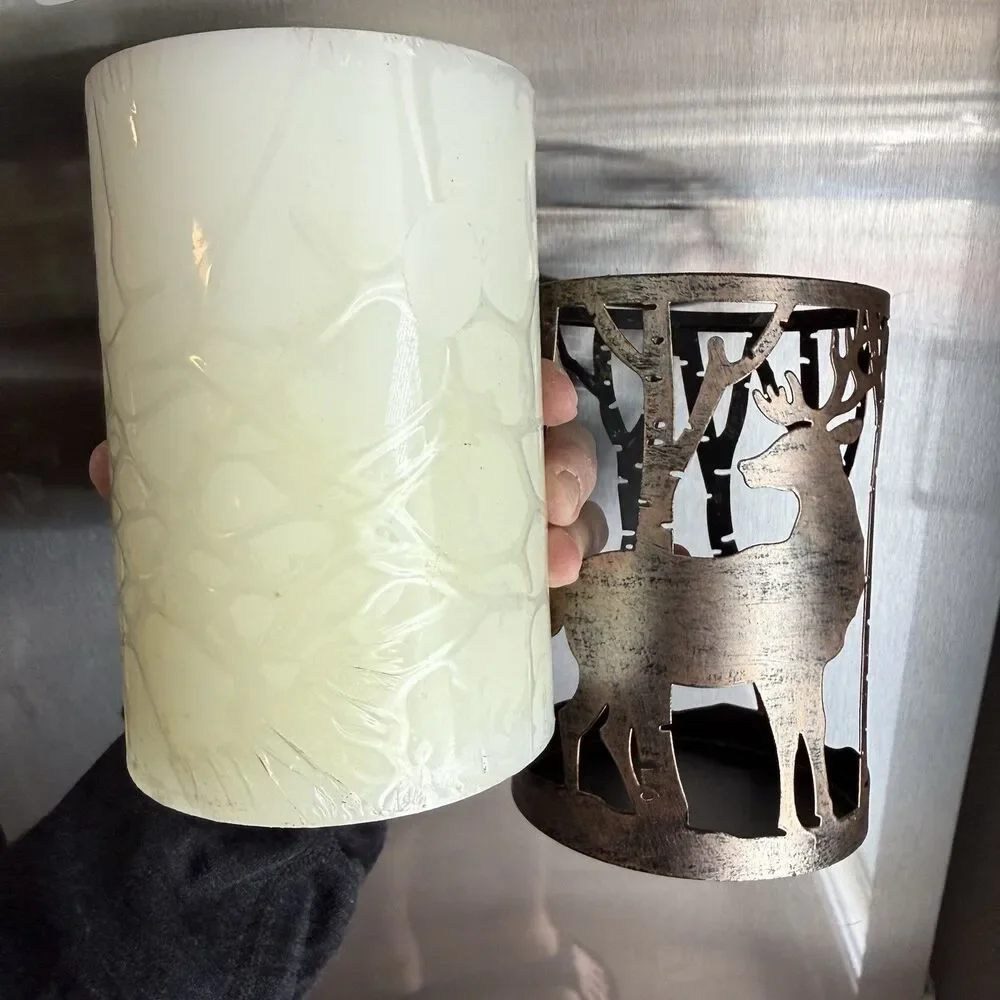 Rustic Deer/Woods Candle Sleeve Metal Holder for Battery Powered Pillar